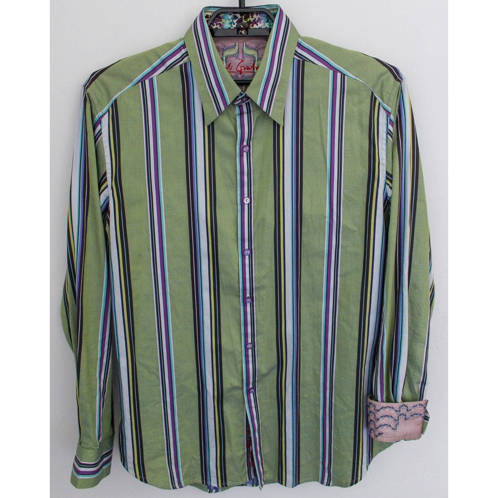 Robert Graham Button Down Shirt Mens Large Green Purple Striped Long Sleeve Cuff